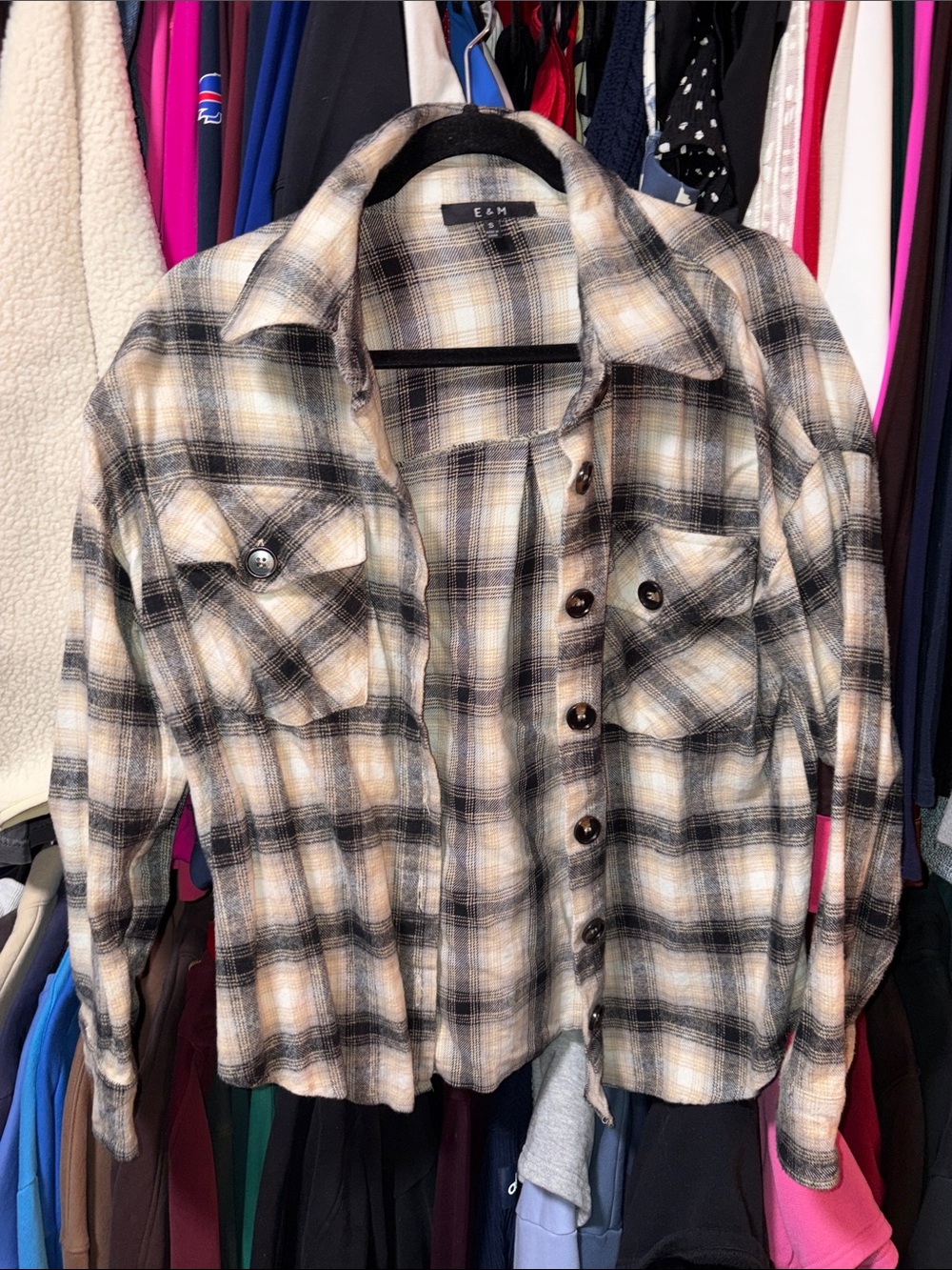 E&M Plaid Teddy Shacket Jacket in Beige and Black